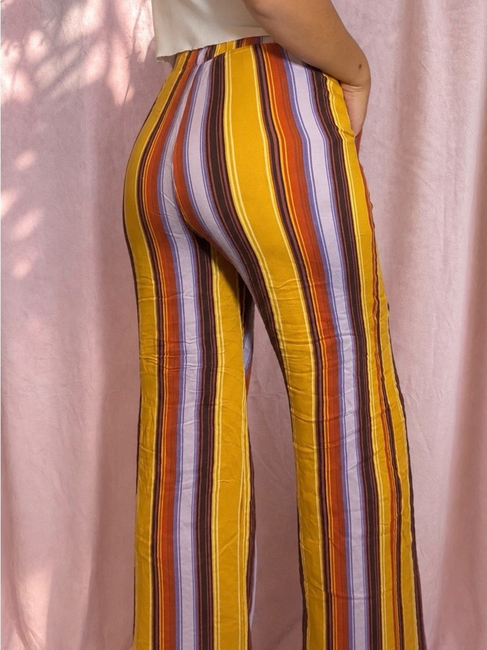 Wild Honey Striped Flare Pants Medium Yellow Brown Retro 70s Y2K